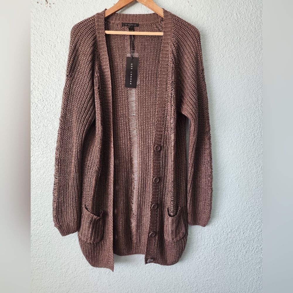 QED London Distressed Brown Long Cardigan Sweater Coastal